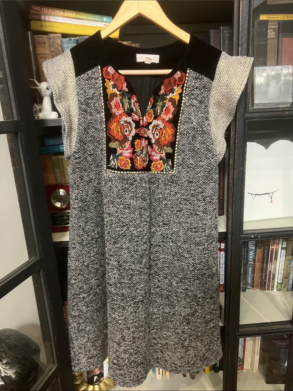 THML Scandinavian Mixed Media Dress- velvet, embroidery, grey & metallic fabric.